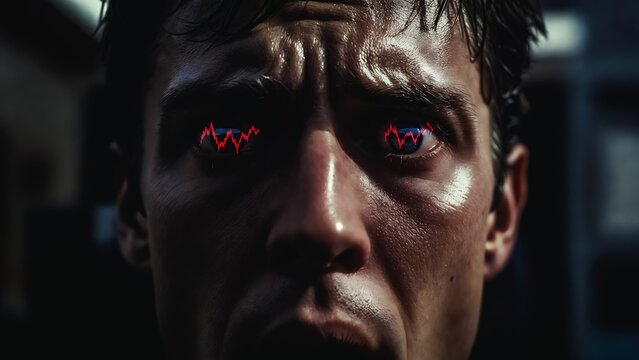 A man stares intensely, eyes glowing red. Sweat streaks his face, conveying fear and rage. Dark, gritty setting.