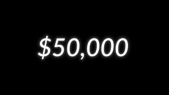 Animated dollar counter rising from zero to one million over black backdrop