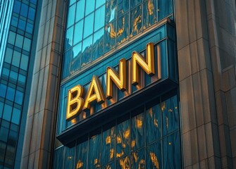 Fototapeta premium gleaming golden letters spelling BANN on a reflective blue glass and stone commercial building facade, dramatic urban evening lighting