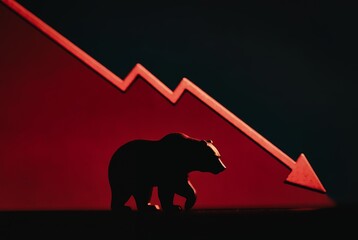 A bear silhouette descends a red, downward-pointing arrow, symbolizing market decline.