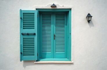 Fototapeta premium Turquoise shutters on white wall Fuerteventura Spain. Traditional house facade detail with classic outdoor lantern. Rural island architecture.