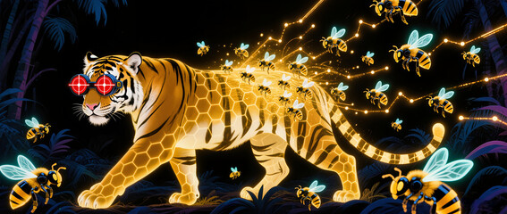 Obraz premium Golden Tiger with Sparkling Bee Swarm – Creative Animal Concept