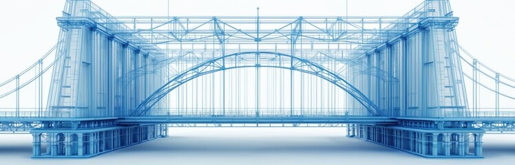 Fototapeta premium Blue wireframe model of a suspension bridge. Structure shows stress points under load. Digital engineering analysis for safe design. Blueprint schematic.