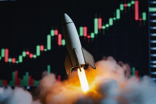 A rocket blasts upward against a rising stock chart, creating a dynamic, upward trajectory.