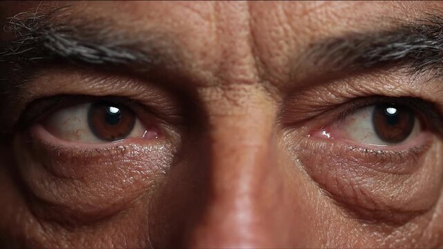 Close up of mature male eyes with detailed wrinkles and expressive brown irises