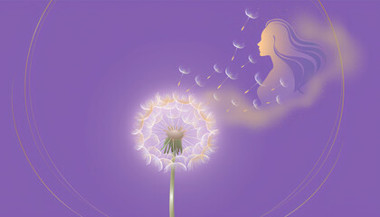 Glowing Dandelion Seeds Dispersing with Woman Silhouette on Purple