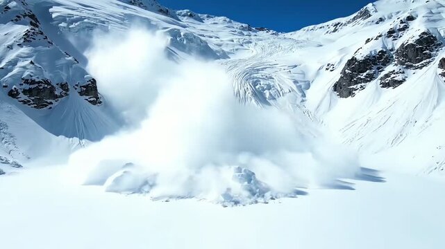 Massive snow avalanche cascades down steep mountain