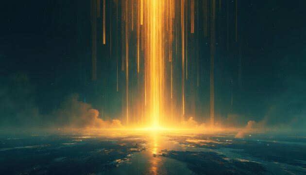Golden light beams descend from sky to ocean surface. Abstract energy, futuristic digital art, bright illumination, cosmic wonder, technology concept, data stream.