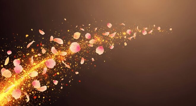 Rose petals with golden sparkle flow across a dark background, concept of celebration, Dussehra or Vijaya Dashami festival