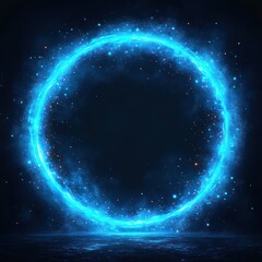 Fototapeta premium Glowing electric blue energy ring hovering above reflective water with sparkling particles and starry mist, a mysterious futuristic portal evoking awe