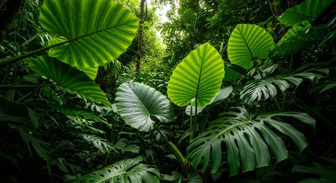 Tropical jungle foliage with large green leaves and dense vegetation viewed from below