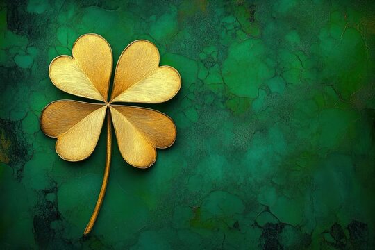 golden four-leaf clover on cracked emerald green textured background evoking luck and calm