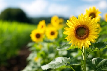 Fototapeta premium Vibrant Sunflowers in a Lush Countryside Field Under a Clear Blue Sky