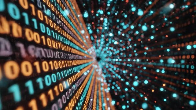 Digital Data Stream and Network Connection with Binary Code and Glowing Particles.
