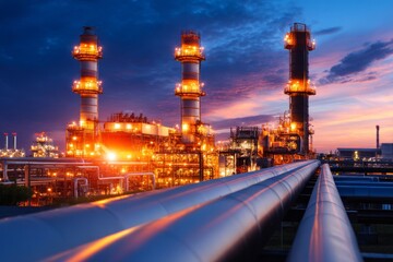 Dramatic Side Angle of Large Industrial Composition at Sunset with Glowing Lights