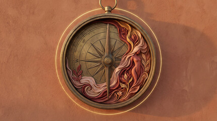 Vintage Compass with Flames on Terracotta Background