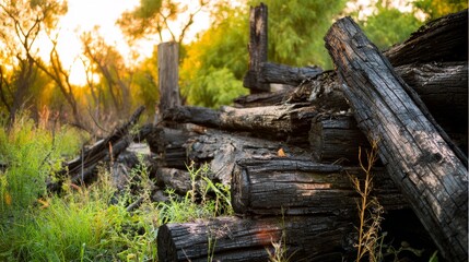 Fototapeta premium Pile of burnt logs wood and debris in outdoor setting with natural lighting, charred timber texture and ashes detail, aftermath of fire damage in rustic environment background concept