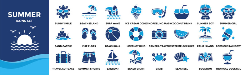 Summer icon set collection. Containing Beach Island, Snorkeling Mask, Sand Castle, Palm Island, Beach Chair