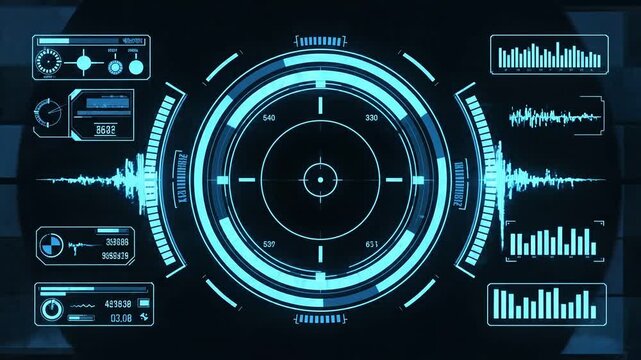 Futuristic HUD interface elements animating on a dark background in 4K resolution, featuring clean design and seamless loop for technology overlays.