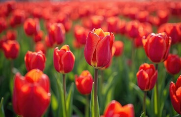 Obraz premium Vast field with blooming red tulips under bright sun. Green stems support vibrant flower heads in full bloom creating a vivid floral landscape perfect for spring themes.