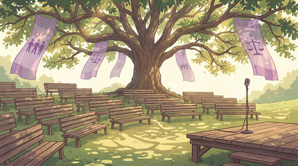 Outdoor seminar under large tree canopy with benches and stage