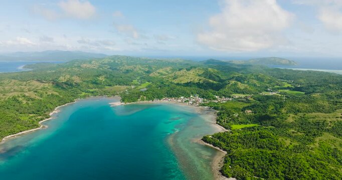 Santa Fe in Tablas Island with mountains and small town. Romblon, Philippines.