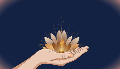 Hand Holding Blooming Lotus Flower with Soft Golden Light