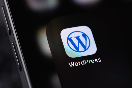 WordPress icon mobile app on a screen smartphone iPhone. WordPress - open source site content management system. Batumi, Georgia - January 17, 2026