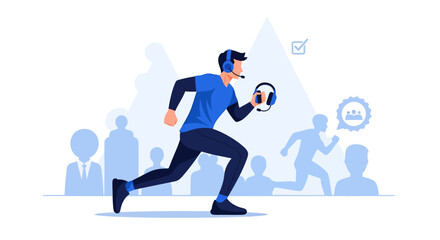 Businessman Running with Smartphone in a Dynamic Corporate Environment