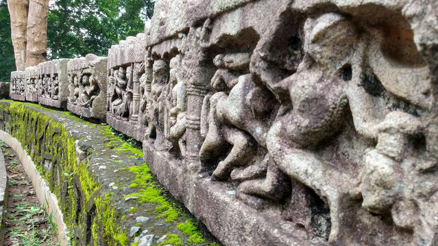Ancient stone carvings and sculpted ruins at Deo Pahar archaeological site in Numaligarh, Golaghat, Assam, India.