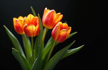 Fototapeta premium Orange and red tulips bunch with green leaves. Flower stems reach upwards against dark background. Natural botanical arrangement, vibrant colors, delicate petals, simple beauty.
