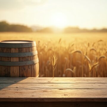 Wooden barrel and table sit in wheat field at sunset. Ready for product display or advertisement. Golden hour light illuminates rustic scene.