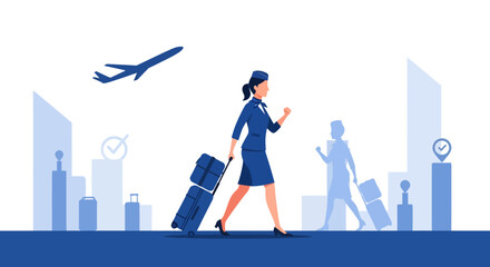 Obraz premium Female Airline Passenger Walking in Airport Terminal with Suitcase