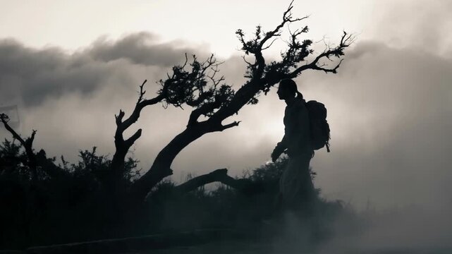 Woman walking alone on empty city street at night concept. Silhouette of a hiker with backpack near twisted tree in foggy misty landscape at dawn or dusk