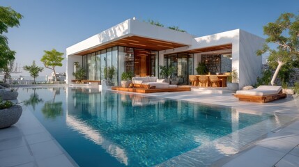 Fototapeta premium Modern architectural marvel with a pool. Elegant white villa with glass, wood, and a clear blue sky