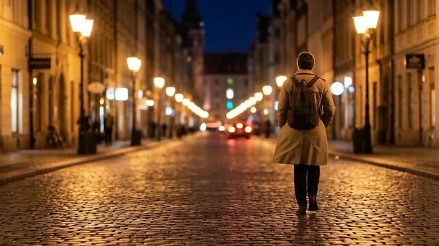 Woman walking alone on empty city street at night concept. Person walking alone on illuminated cobblestone street at night in historic city center