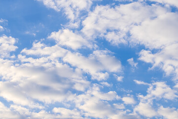 Obraz premium Beautiful Fluffy White Clouds on a Bright Blue Sky Background,A serene and wide-angle shot of soft, white cumulus clouds scattered across a clear, vibrant blue sky. This peaceful atmosphere.
