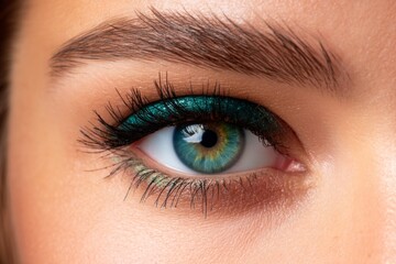 Obraz premium Close-Up of Teal Shimmer Eyeshadow Enhancing an Eye with Beautiful Lashes