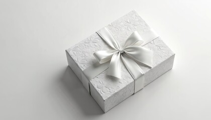 Obraz premium Elegant white gift box with embossed floral pattern and satin ribbon bow. This present is isolated on a plain light surface ready for any celebration. Minimalist design, perfect for elegant gifting.