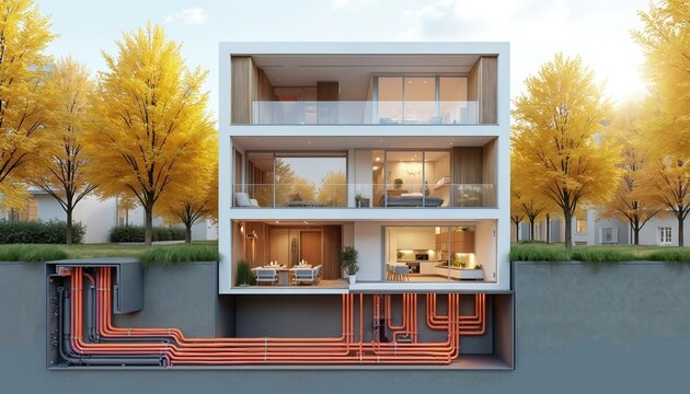 Modern apartment building utilizes underground heating network. Insulated pipes run below ground supplying heat for residential living spaces and eco friendly energy solutions.
