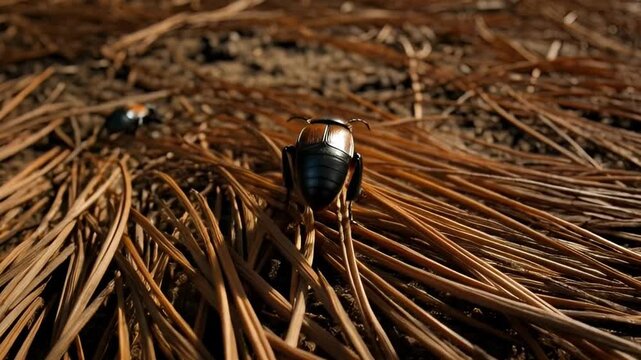 Close up of a beetle amidst dry leaves in natural outdoor setting