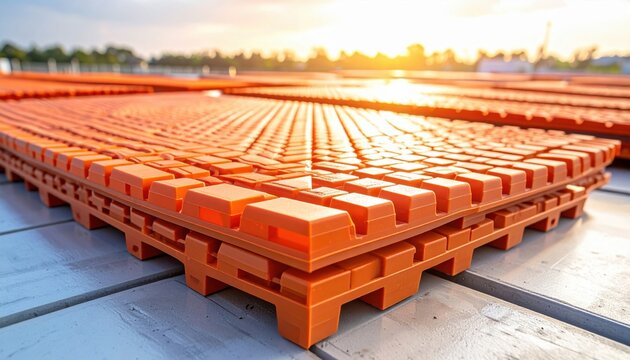Palletized Rows of Sturdy Interlocking Plastic Matting for Ground Stabilization, Uniform Orange Color, Professional Camera