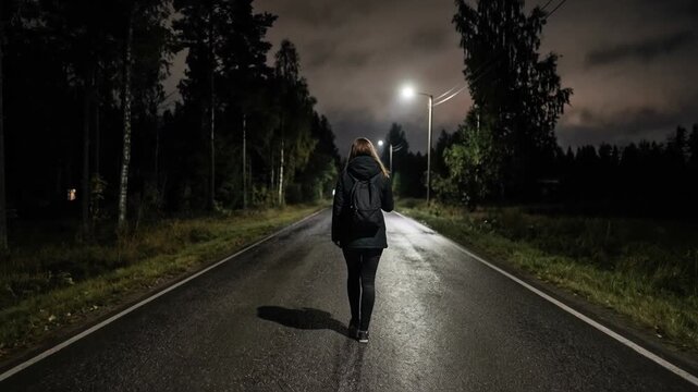 Woman walking alone on empty city street at night concept. Woman walking alone on empty road at night in dark forest under streetlights with moody sky