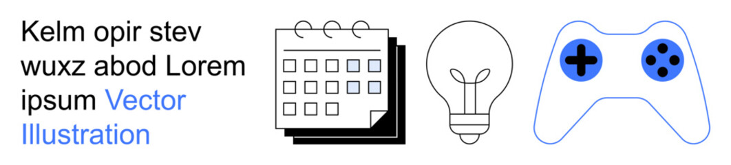 Productivity tools, creativity ideas, gaming, scheduling, design, technology. A calendar, lightbulb and game controller in line-art style. Productivity and creativity ideas concept © robu_s