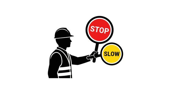 Traffic Controller Directing with Stop Slow Signs.