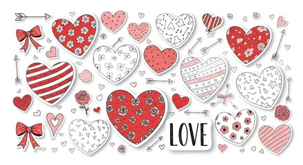 A colorful illustration of various hearts and arrows on a white background with the word LOVE.