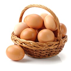 Wicker basket overflowing with brown eggs on a white background. Shadow present