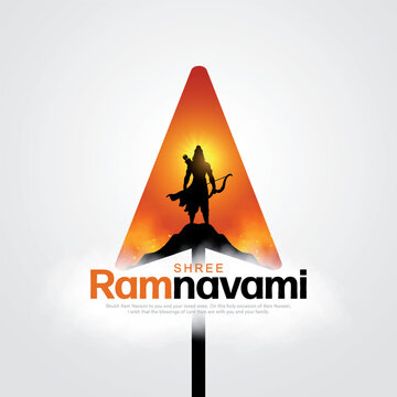 Ram Navami is celebrated as the birth of Lord Ram in India. Shree Ram Navami with Lord Ram vector silhouette on mountain.