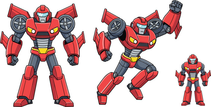 Cartoon Transforming Car Robot Character Set with Action Poses for Kids Animation Toy Design Superhero Mecha and Game Asset Creation.
