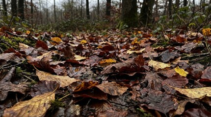 Wet fallen leaves texture with damp forest floor atmosphere